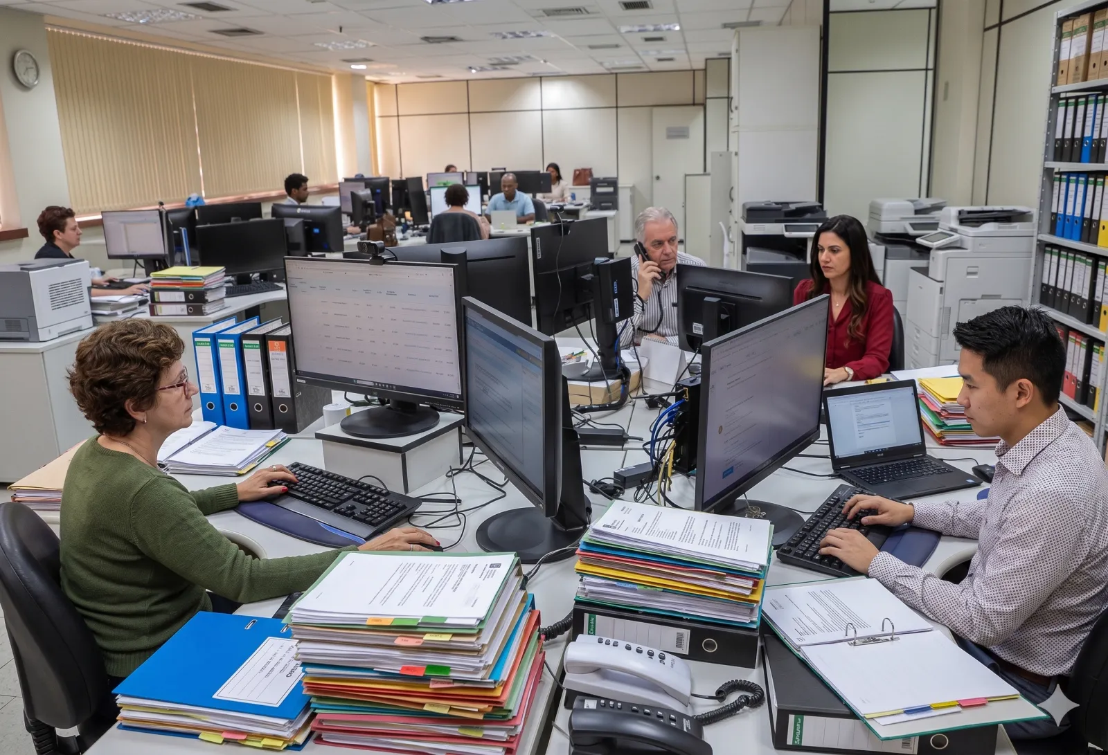 Servidor pública trabalhando em escritório com pilhas de documentos
